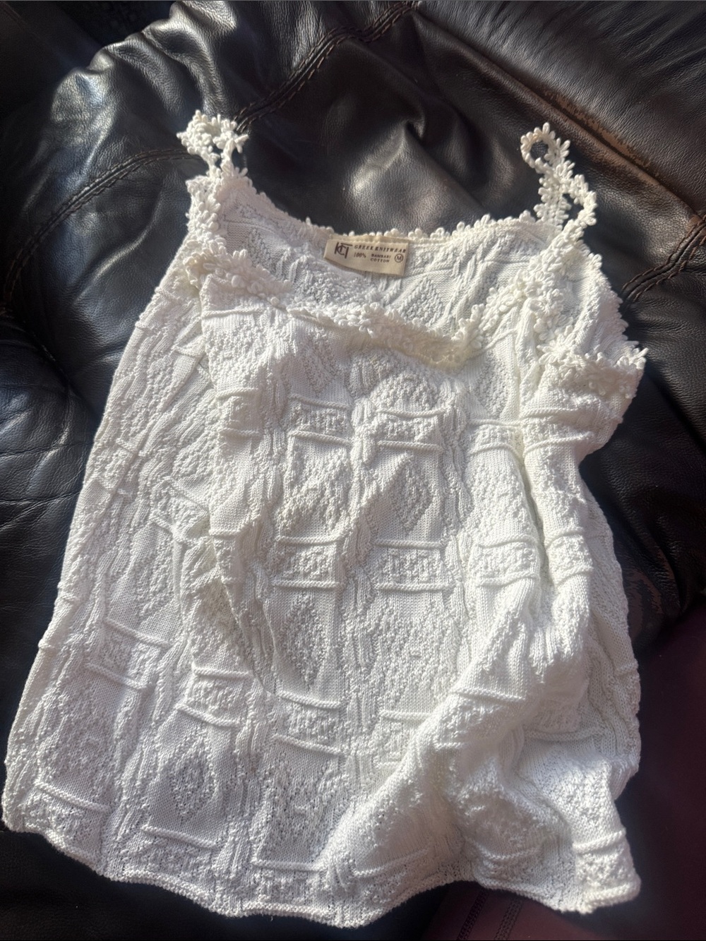 1990’s  Vintage Greek Knitwear  White Crochet-Trim Textured Camisole